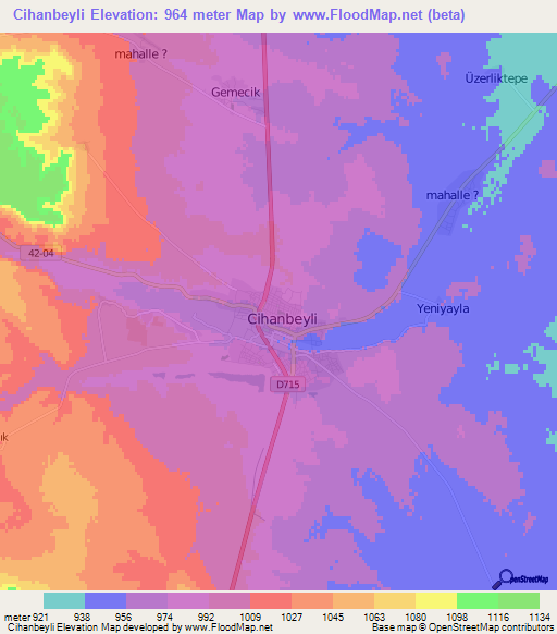 Cihanbeyli,Turkey Elevation Map