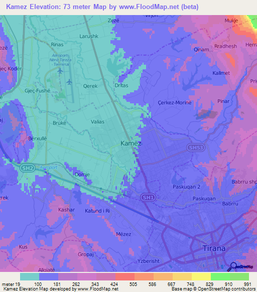 Kamez,Albania Elevation Map