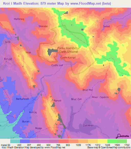 Kroi i Madh,Albania Elevation Map