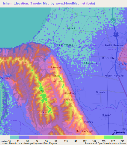 Ishem,Albania Elevation Map