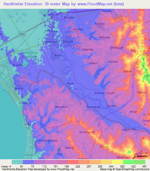 Hardhishte,Albania Elevation Map