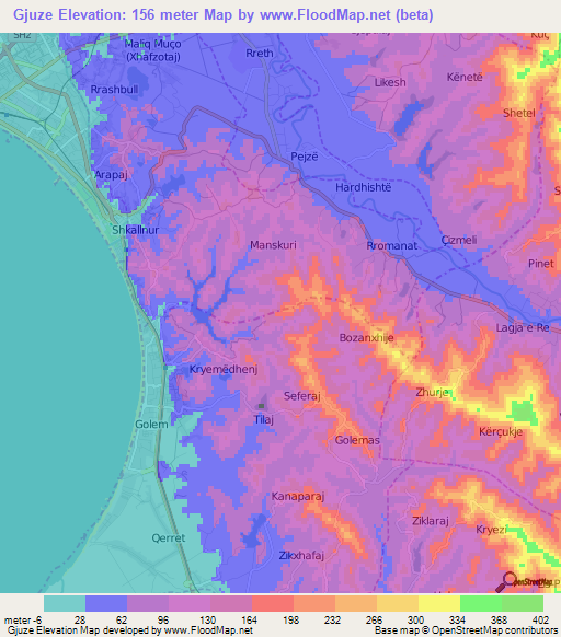 Gjuze,Albania Elevation Map