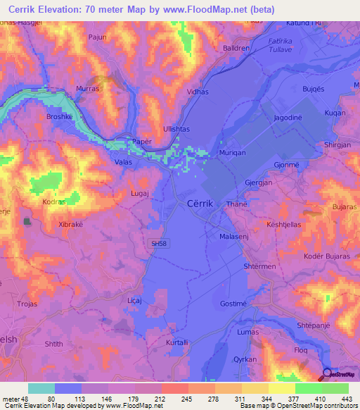 Cerrik,Albania Elevation Map