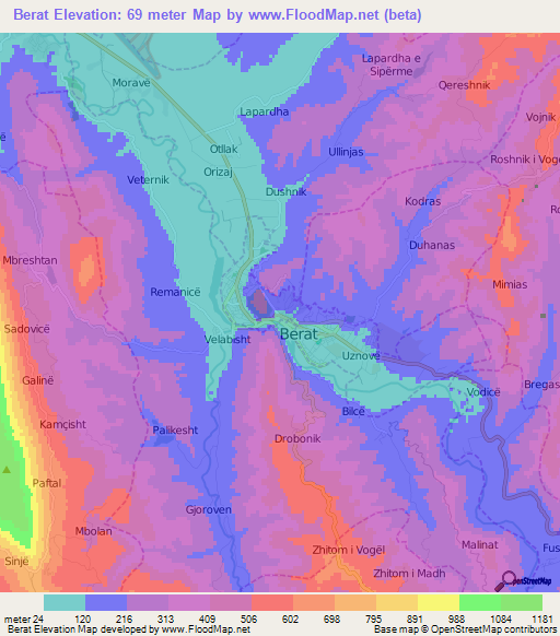 Berat,Albania Elevation Map