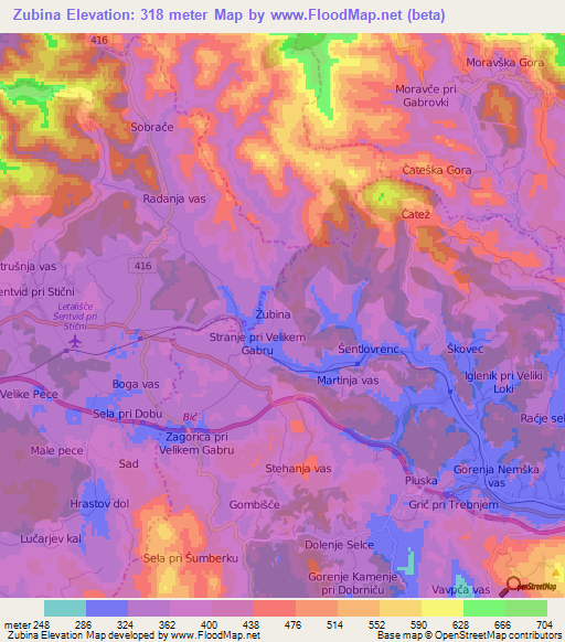 Zubina,Slovenia Elevation Map