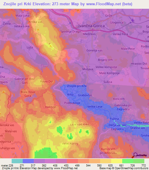 Znojile pri Krki,Slovenia Elevation Map