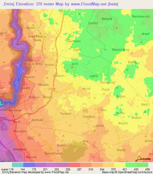 Zminj,Croatia Elevation Map