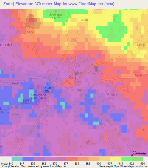 Zminj,Croatia Elevation Map