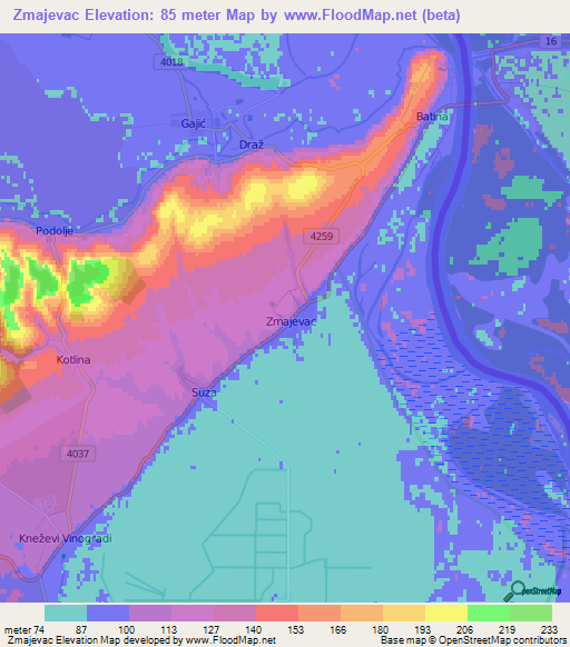 Zmajevac,Croatia Elevation Map