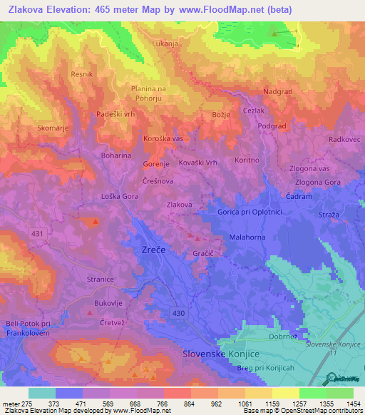 Zlakova,Slovenia Elevation Map