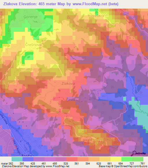 Zlakova,Slovenia Elevation Map