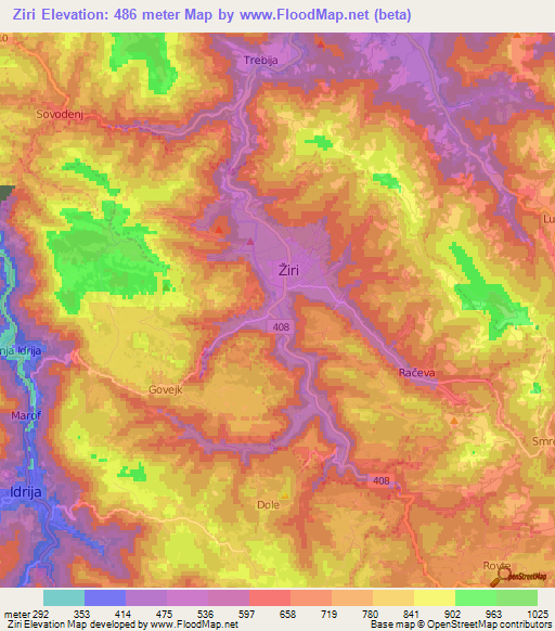 Ziri,Slovenia Elevation Map