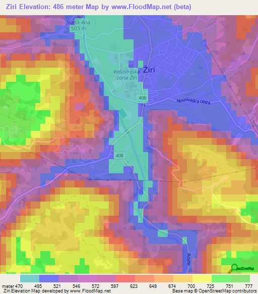 Ziri,Slovenia Elevation Map