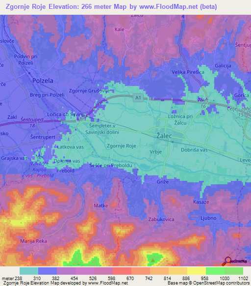 Zgornje Roje,Slovenia Elevation Map