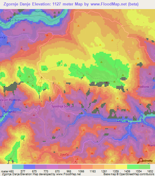 Zgornje Danje,Slovenia Elevation Map