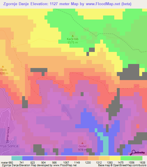 Zgornje Danje,Slovenia Elevation Map