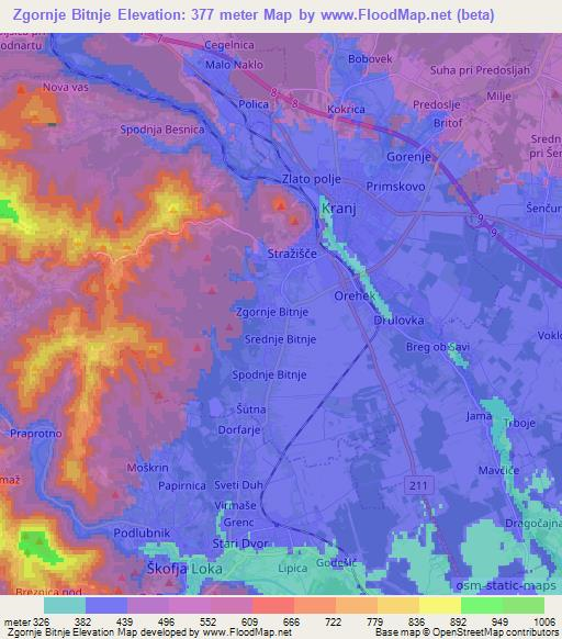 Zgornje Bitnje,Slovenia Elevation Map