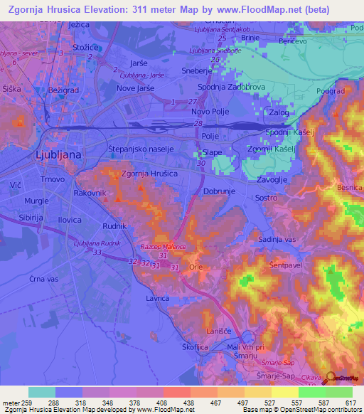 Zgornja Hrusica,Slovenia Elevation Map