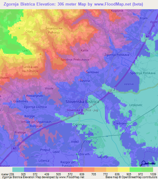 Zgornja Bistrica,Slovenia Elevation Map