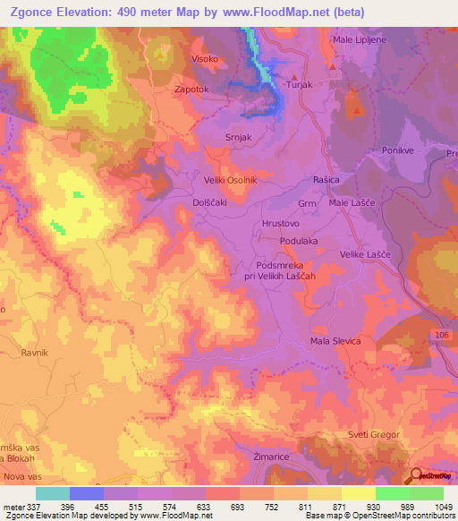 Zgonce,Slovenia Elevation Map