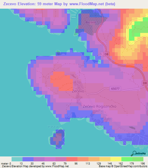 Zecevo,Croatia Elevation Map