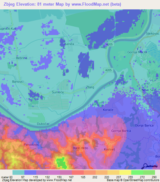 Zbjeg,Croatia Elevation Map