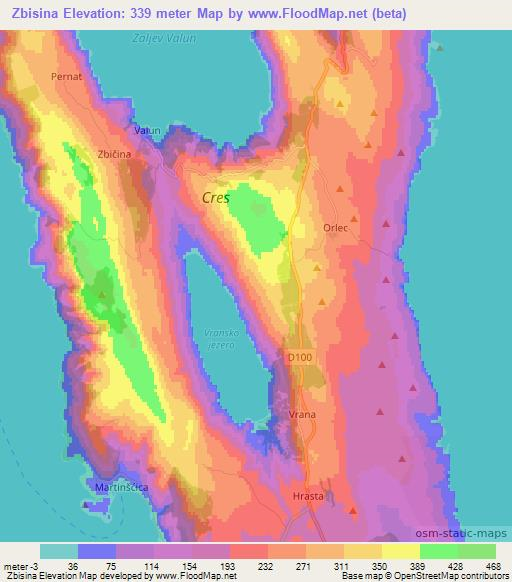 Zbisina,Croatia Elevation Map