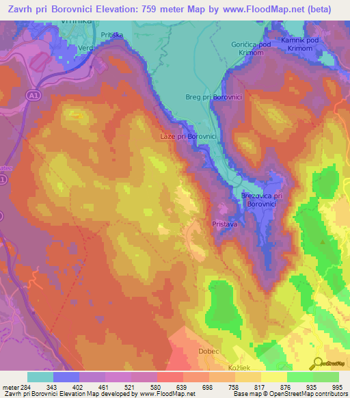 Zavrh pri Borovnici,Slovenia Elevation Map