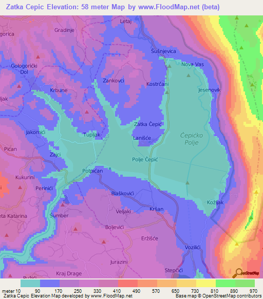 Zatka Cepic,Croatia Elevation Map