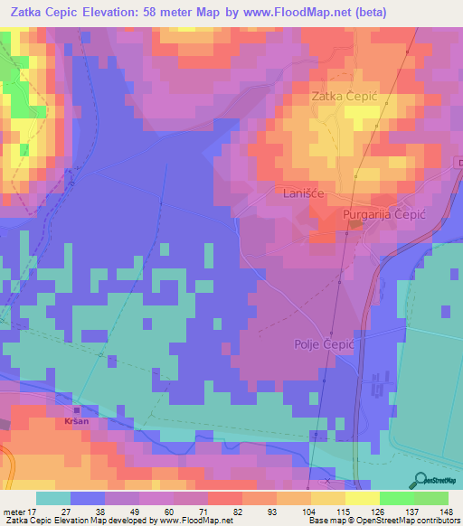 Zatka Cepic,Croatia Elevation Map