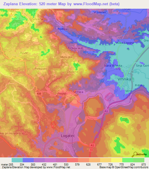 Zaplana,Slovenia Elevation Map