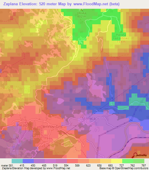 Zaplana,Slovenia Elevation Map