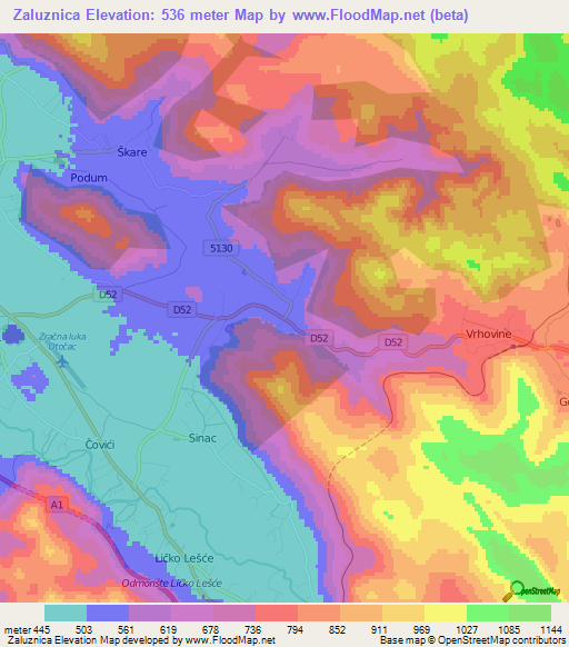 Zaluznica,Croatia Elevation Map