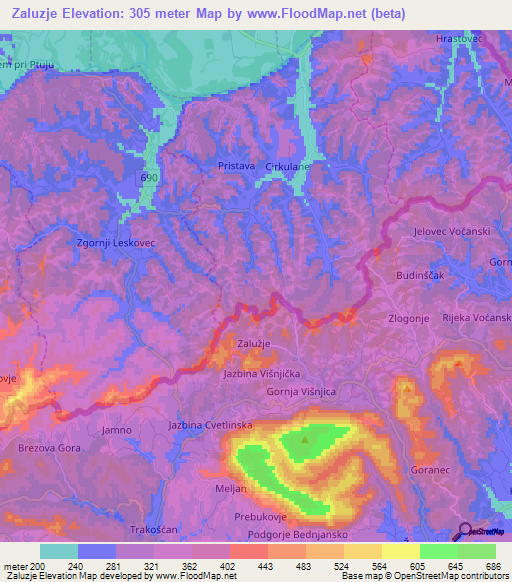 Zaluzje,Croatia Elevation Map