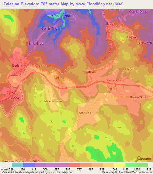 Zalesina,Croatia Elevation Map