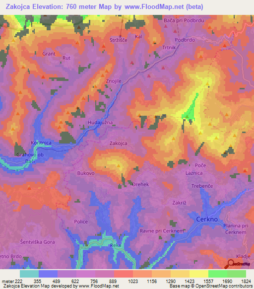 Zakojca,Slovenia Elevation Map