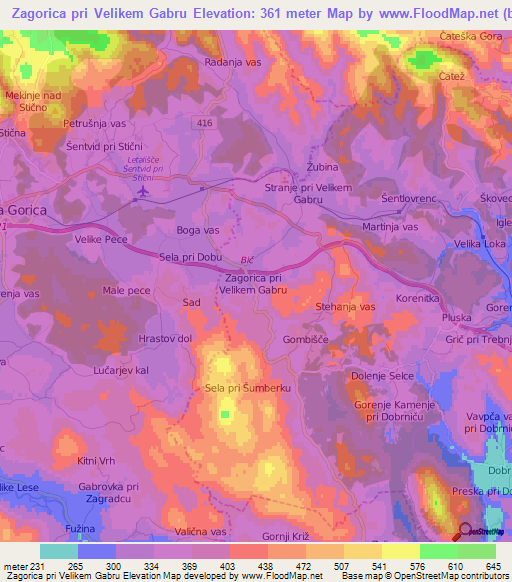 Zagorica pri Velikem Gabru,Slovenia Elevation Map