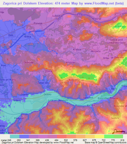 Zagorica pri Dolskem,Slovenia Elevation Map