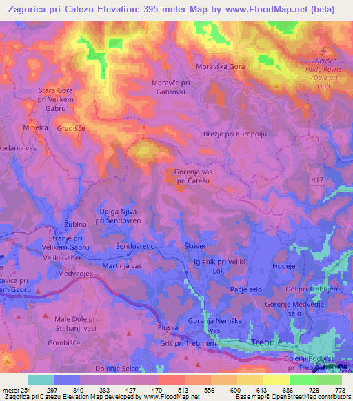 Zagorica pri Catezu,Slovenia Elevation Map