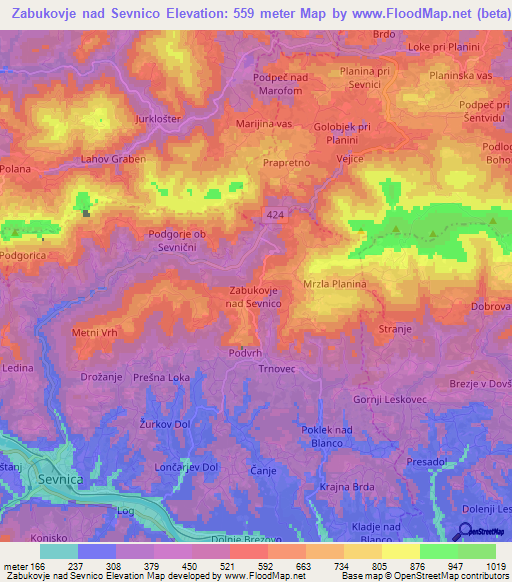 Zabukovje nad Sevnico,Slovenia Elevation Map