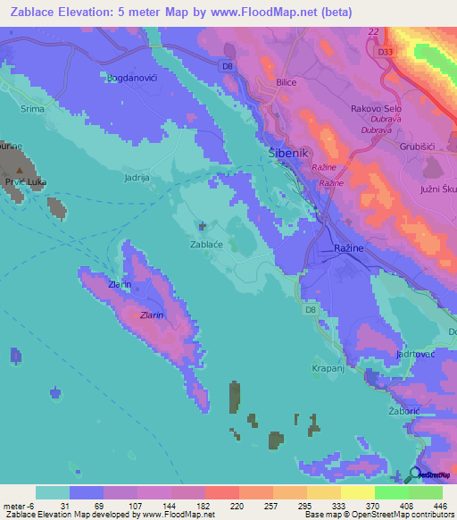 Zablace,Croatia Elevation Map