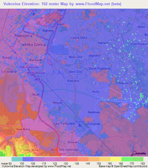 Vukovina,Croatia Elevation Map