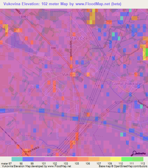 Vukovina,Croatia Elevation Map