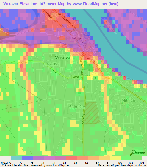 Vukovar,Croatia Elevation Map