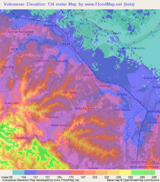 Vukosevac,Croatia Elevation Map