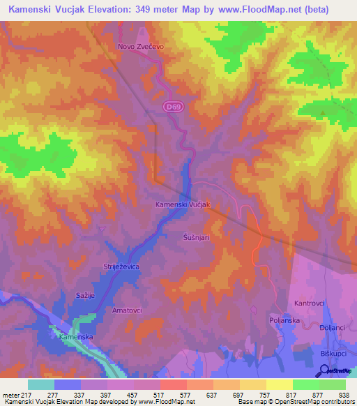 Kamenski Vucjak,Croatia Elevation Map