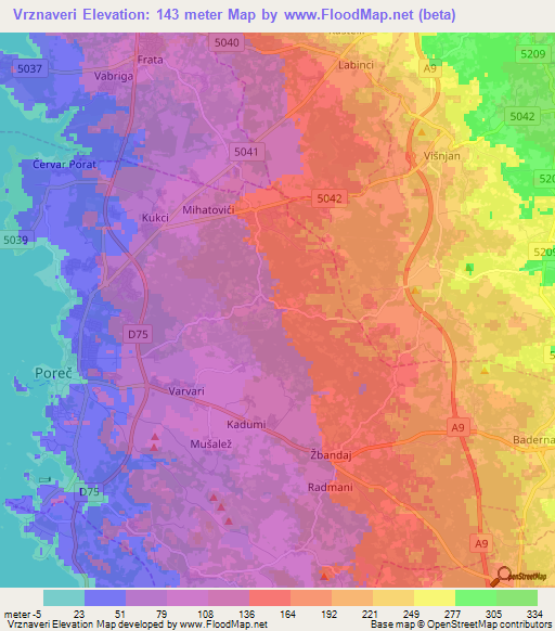 Vrznaveri,Croatia Elevation Map