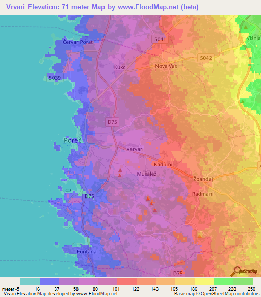 Vrvari,Croatia Elevation Map