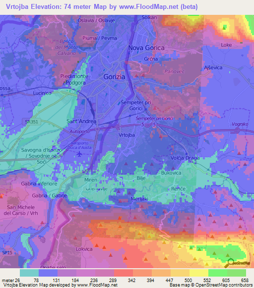 Vrtojba,Slovenia Elevation Map