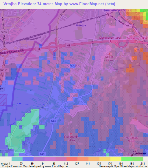 Vrtojba,Slovenia Elevation Map